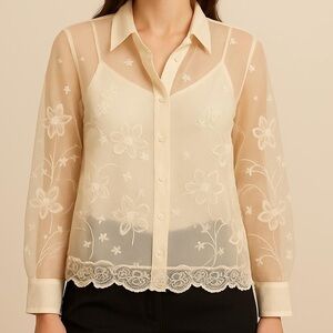 Vintage San Andre twin set satin tank top organza blouse embroidered cream large